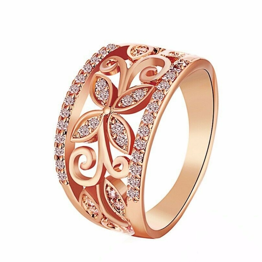 Rose Gold Flower Cubic Zirconia Ring Large Sizes - Picture 2 of 3